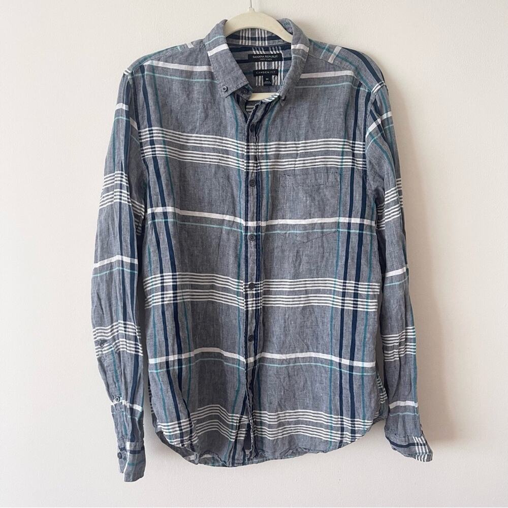 Banana Republic Linen Button Down Shirt Camden Fit Men’s size M Gray Plaid